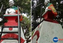 BJP flag on Gandhi statue in Palakkad municipality