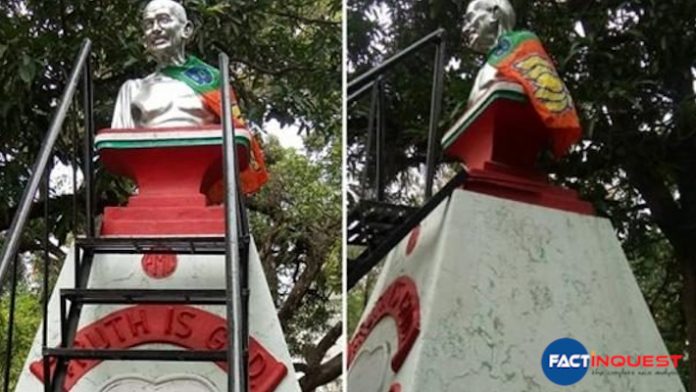 BJP flag on Gandhi statue in Palakkad municipality