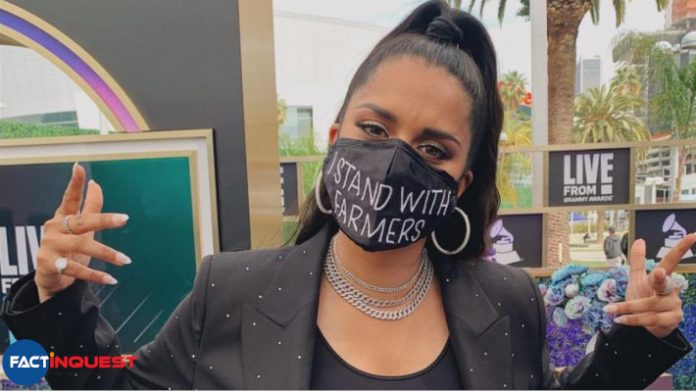 YouTuber Lilly Singh wears ‘I Stand With Farmers’ mask at 63rd Grammy Awards